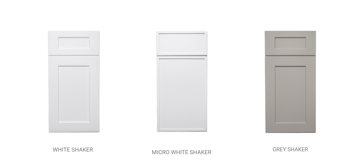 Three white cabinet door styles shown side by side on a light background.