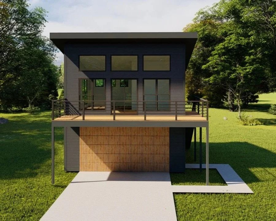 Modern two-story house with balcony, large windows, and garage, surrounded by green lawn and trees