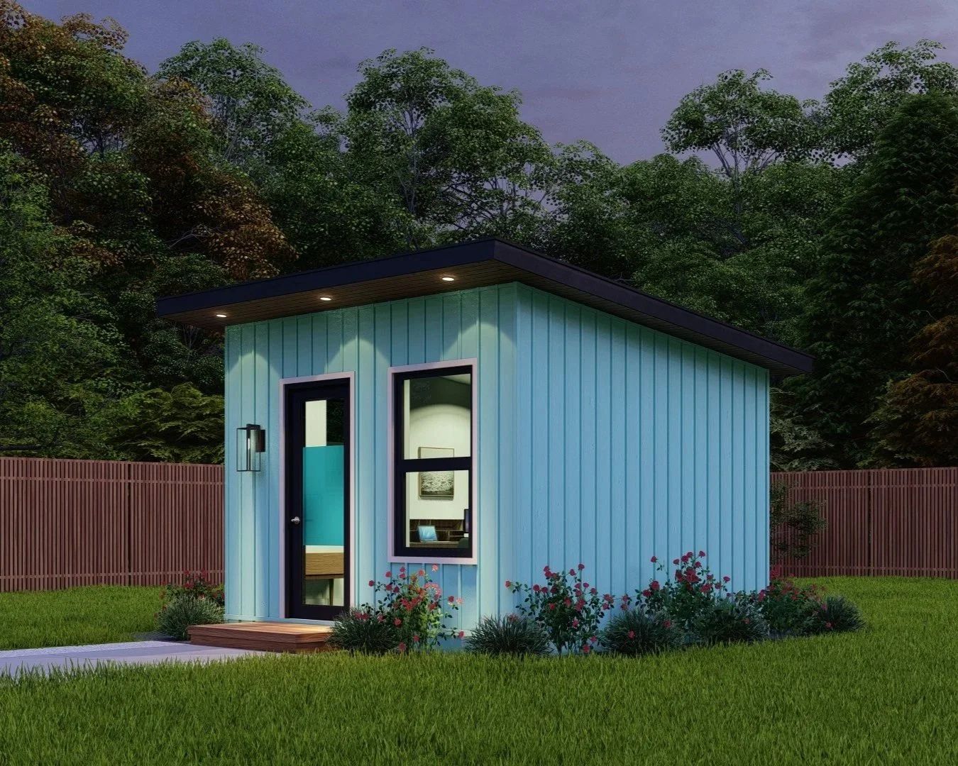 Small light-blue garden shed with a dark roof, front door, and window in a grassy backyard.