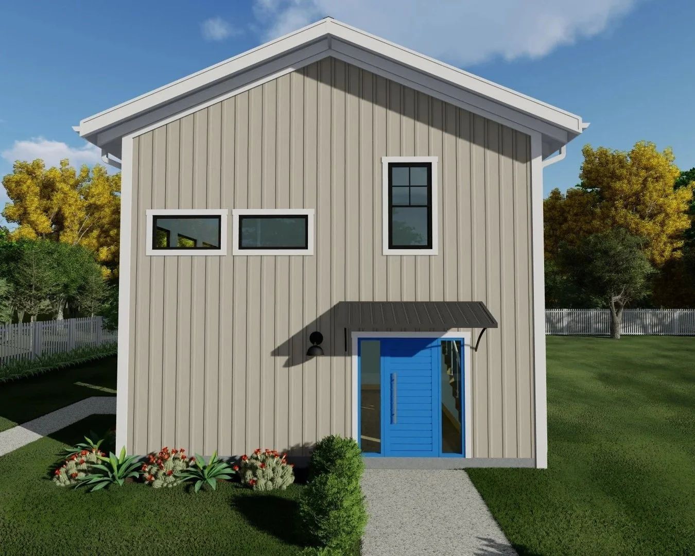 Small beige two-story house with blue front door, windows, and a narrow front walkway.