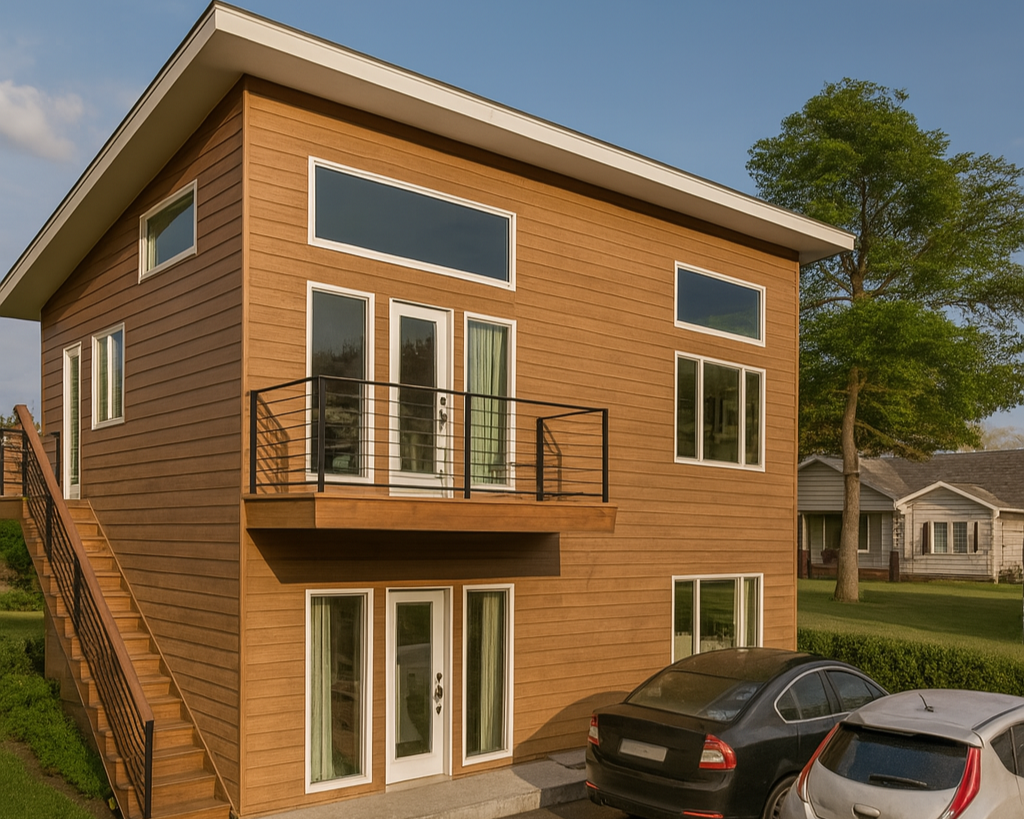 Two-story brown house with a balcony, large windows, and parked cars in front