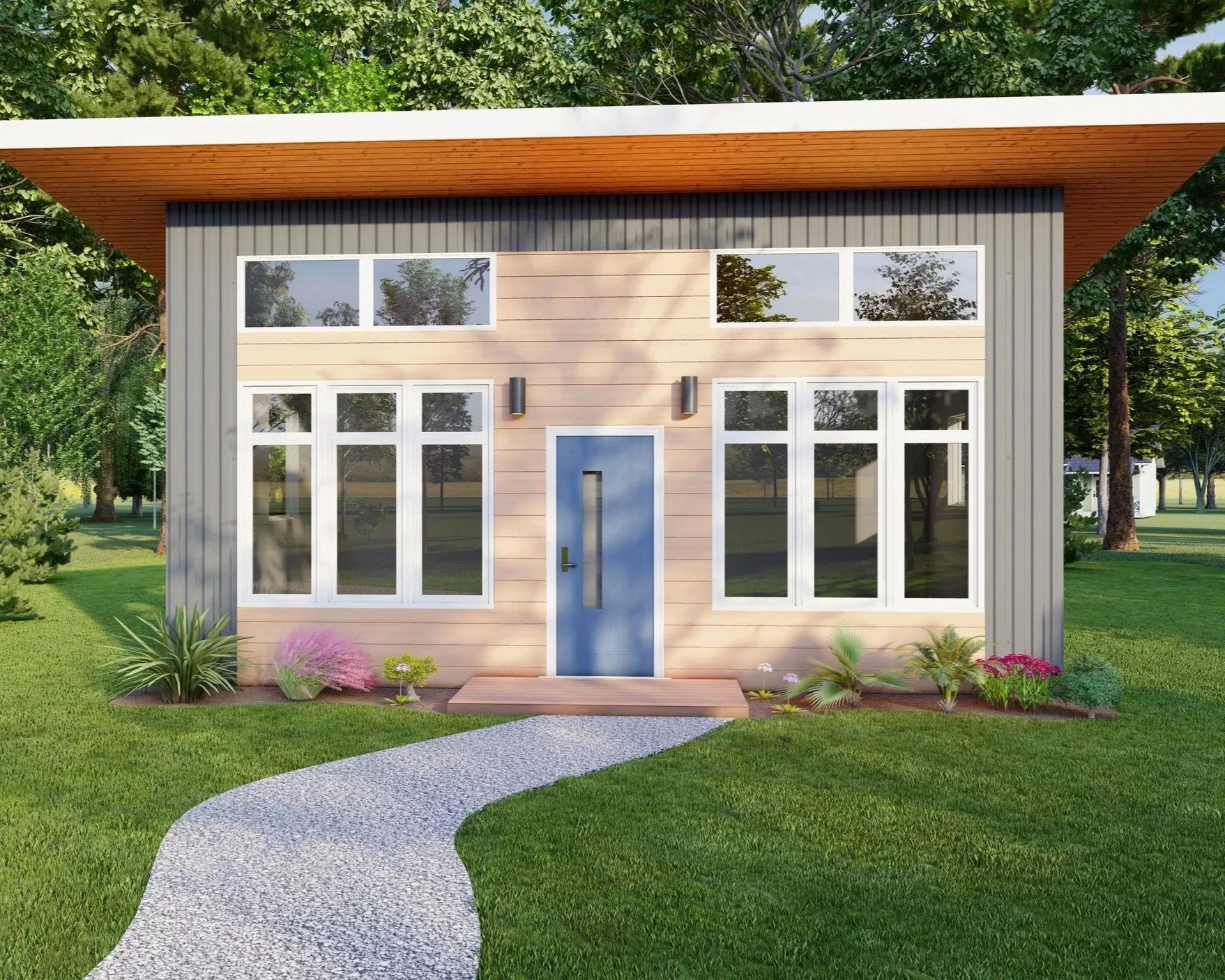 Small modern house with a blue door, large windows, and a curved gravel path in a green yard.