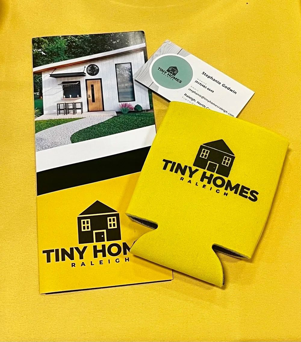Tiny Homes Package on yellow background with folded brochure, card, and house photo sample
