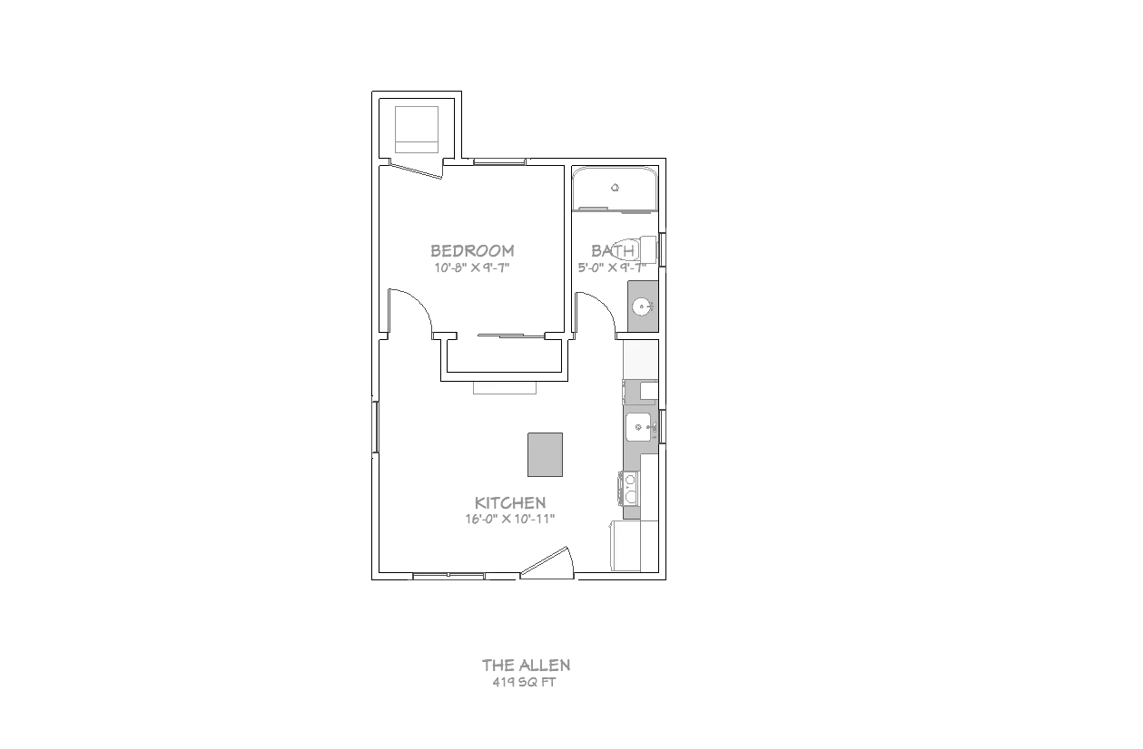 Blurry black-and-white floor plan of a small apartment with labeled rooms and fixtures.