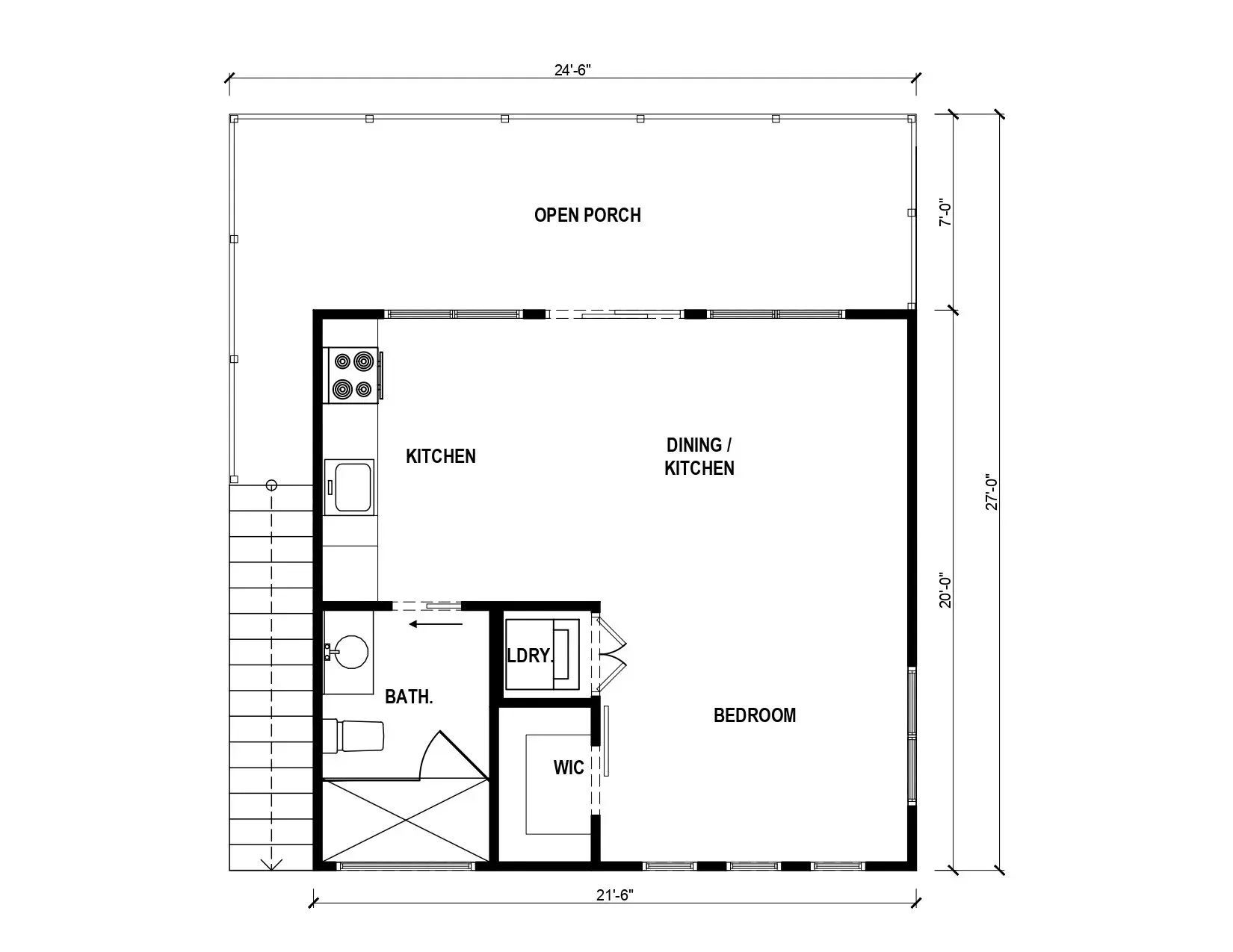 Architectural floor plan of a small room layout with labeled spaces, stairs, bathroom, and balcony.