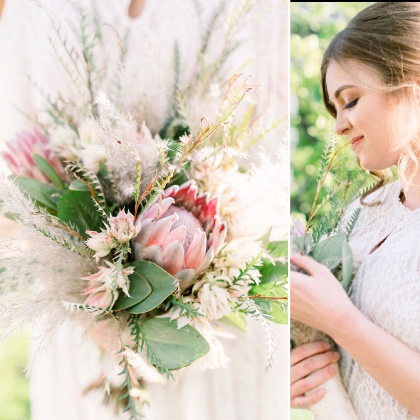 Bouquet of pink and white flowers beside a bride holding a bouquet outdoors