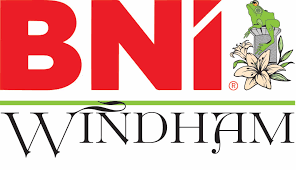 BNI Windham logo: Red text with frog and flower graphic.