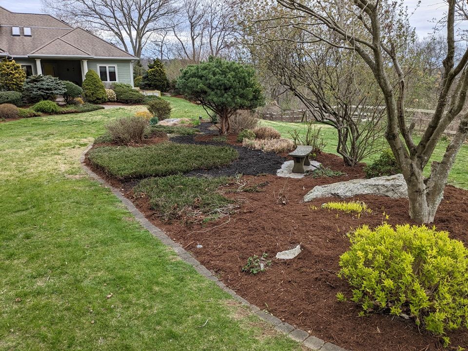 Well-landscaped yard with various plants, trees, and dark mulch beds next to a green lawn and a house.