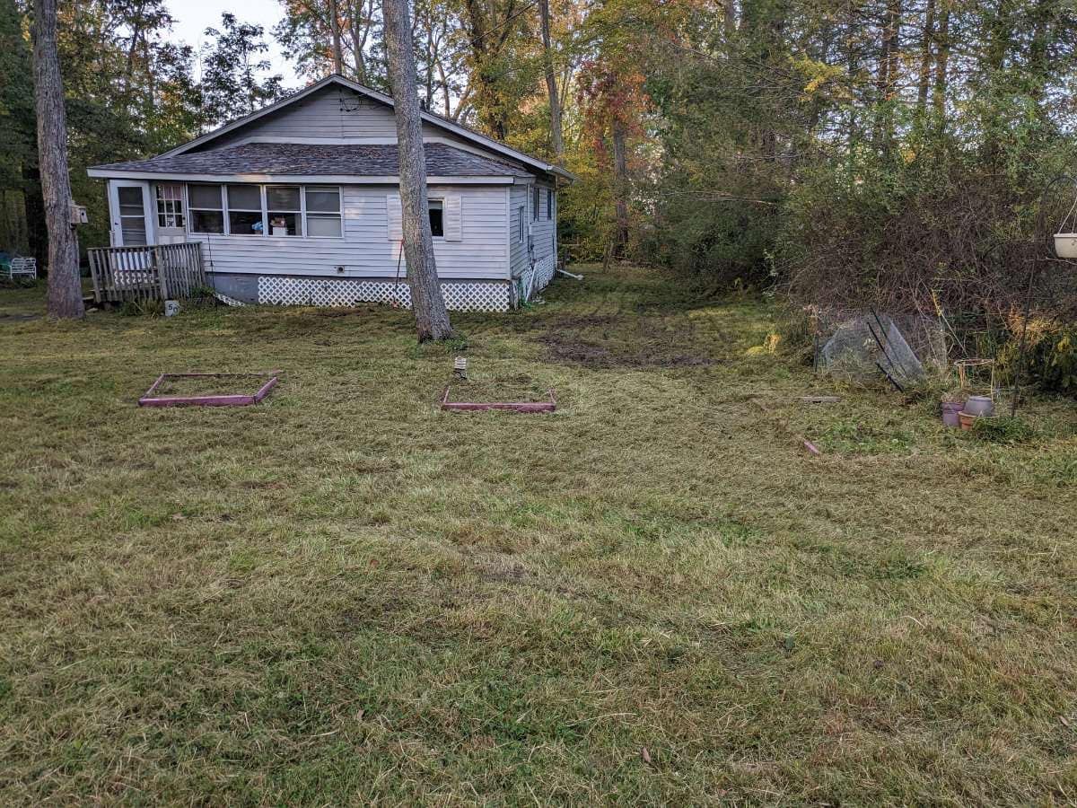 Small, weathered white house with porch on overgrown grassy lot surrounded by trees.