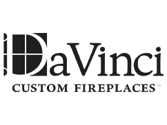 DaVinci Custom Fireplaces logo. Black text with a square-and-line logo element resembling a window.