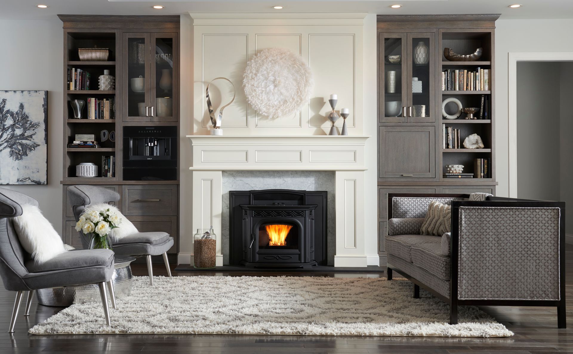 A living room with a fireplace and a couch