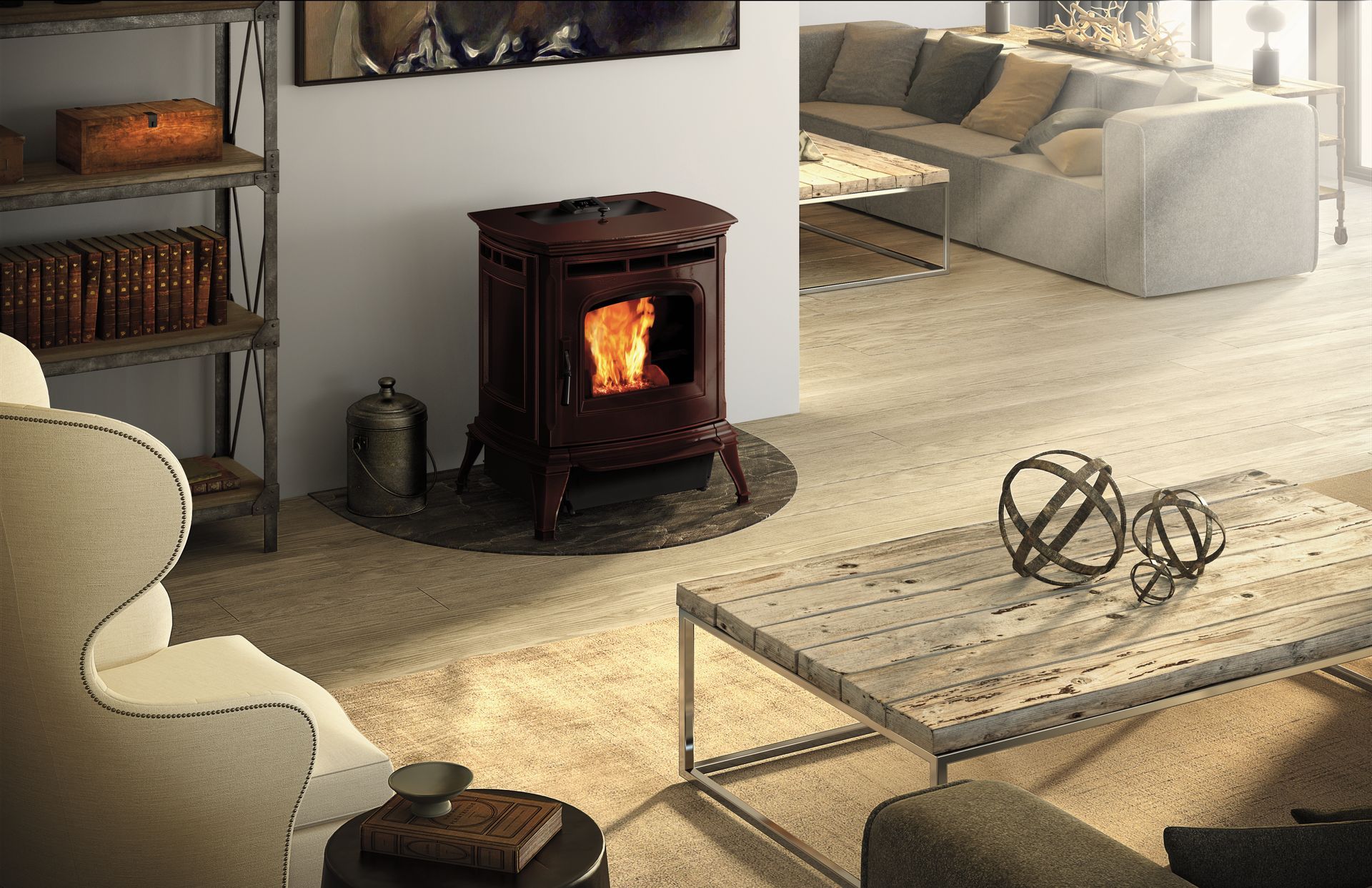 A living room with a wood stove and a couch