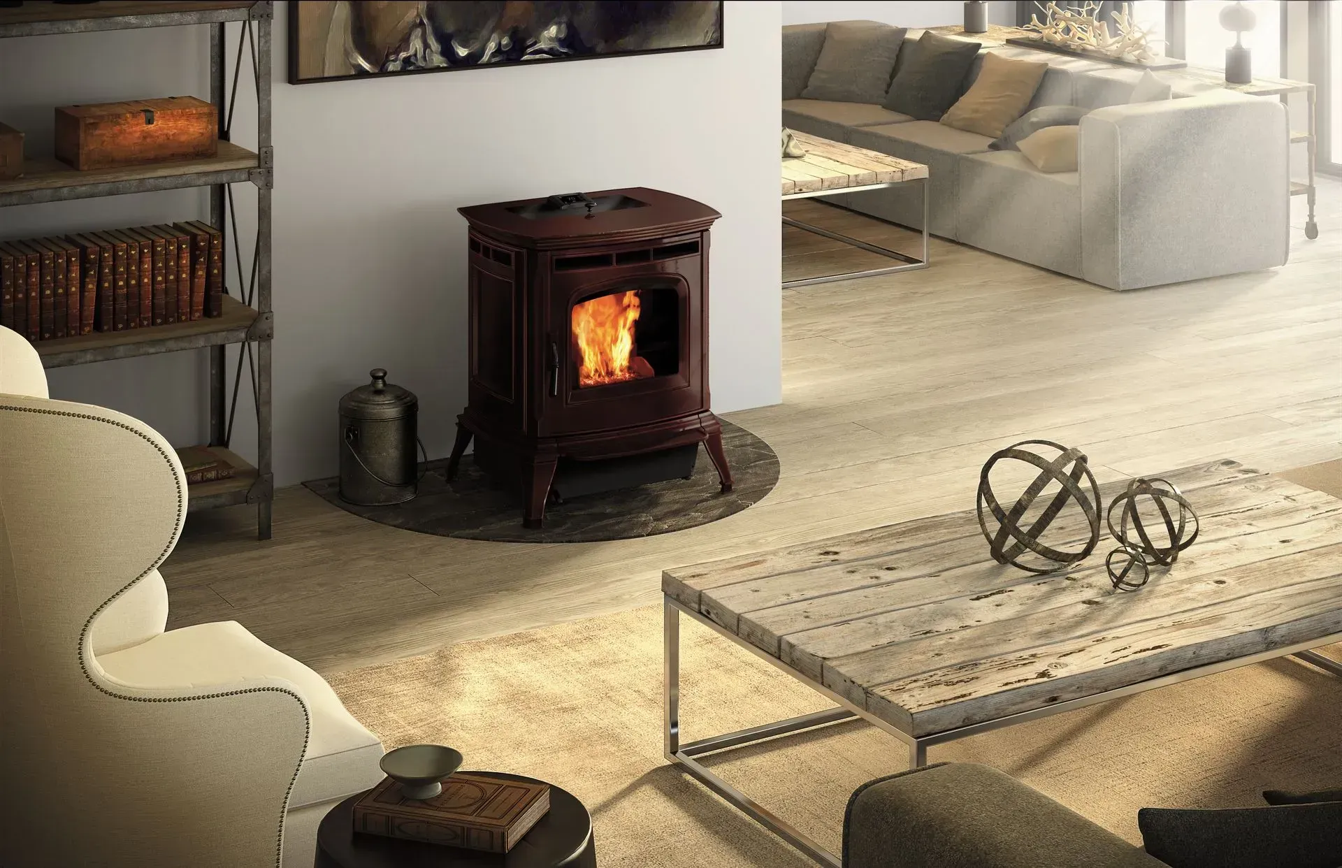 A living room with a wood stove and a couch