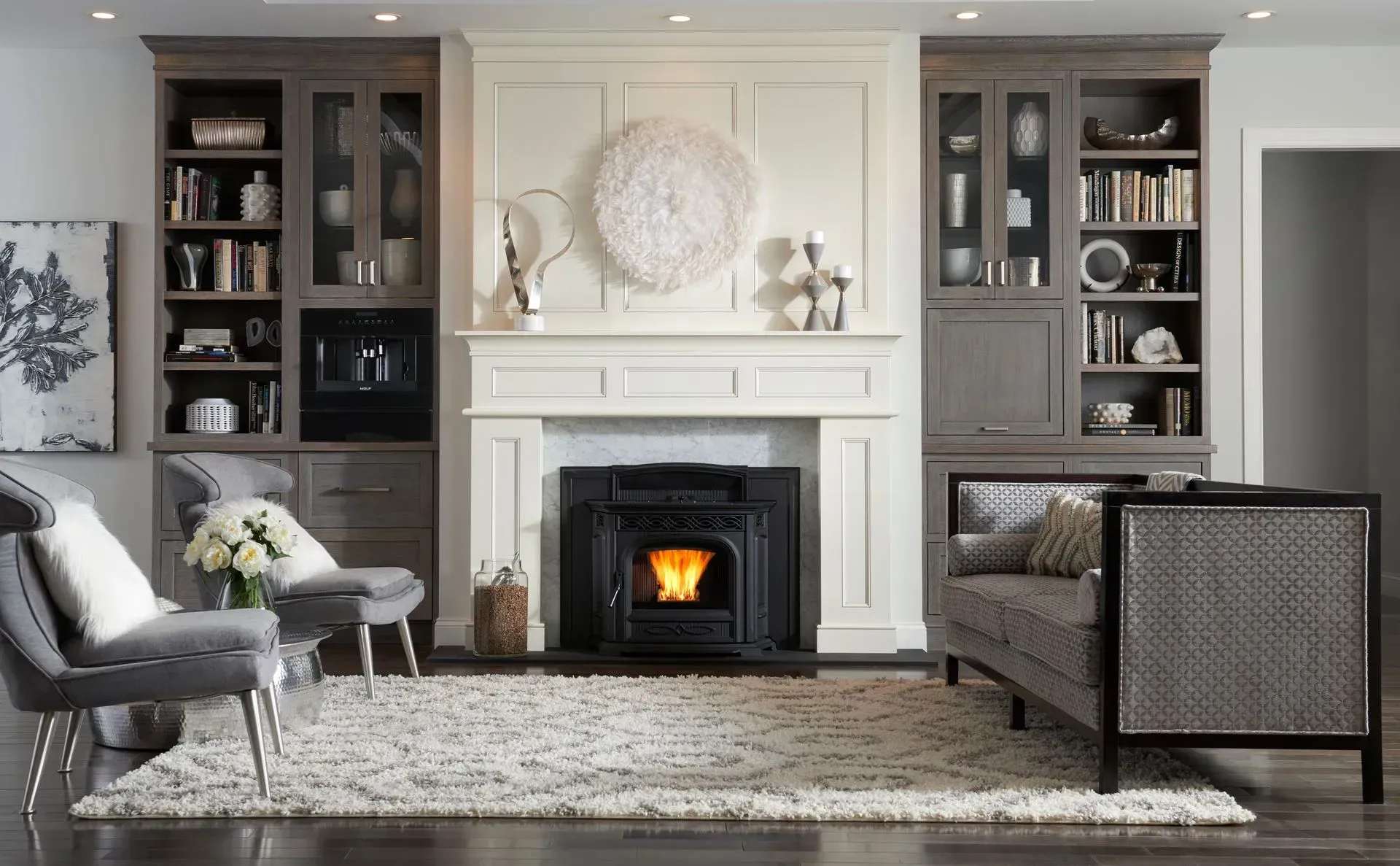 A living room with a fireplace and a couch