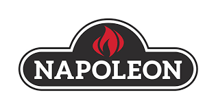 Napoleon logo: black and white arched emblem, red flame icon, white text.