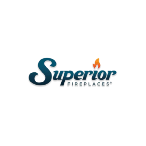 Logo for Superior Fireplaces, featuring dark blue script with a small orange flame.