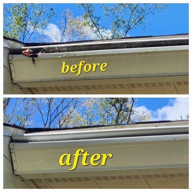 A before-and-after comparison of a house gutter, showing it filled with debris and then cleaned.