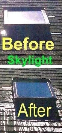 Before and after comparison of a roof skylight: the top shows a cloudy lens, the bottom shows a clear lens.