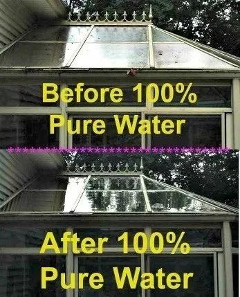 Before and after comparison of a conservatory roof cleaned with 100% pure water, showing a significant improvement in clarity.