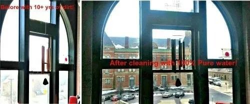 A side-by-side comparison of a dirty window and the same window cleaned with pure water, revealing a clear outdoor view.