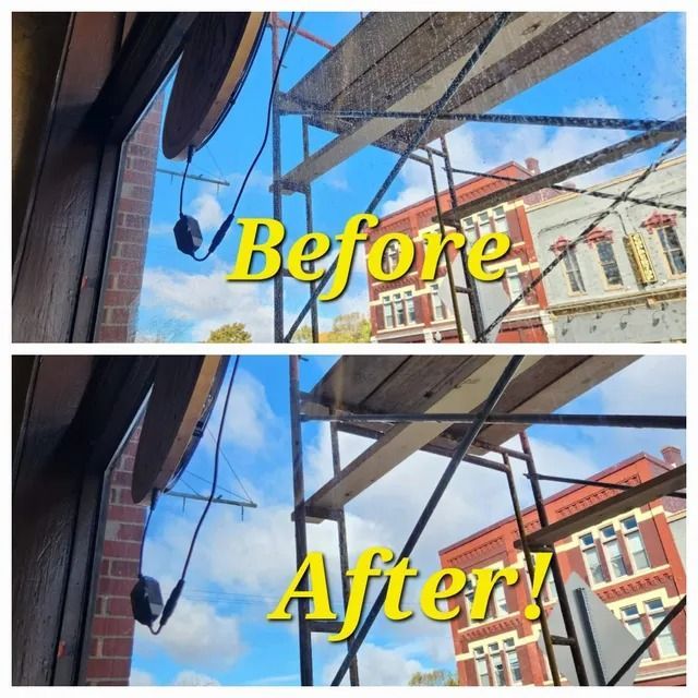 A split-screen comparison shows a dirty window view before cleaning, and a clear, clean view after, looking at scaffolding.