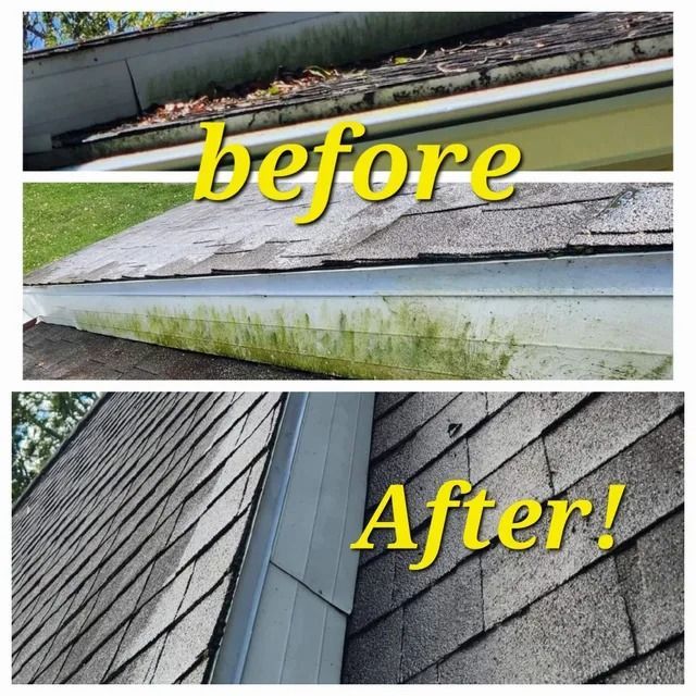 Before and after photos of house gutters and siding showing the removal of debris and green algae buildup.