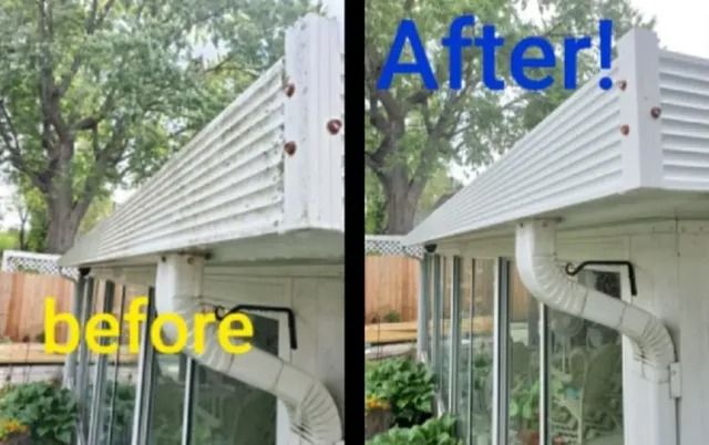 A side-by-side comparison of a home's exterior corner before and after cleaning, showing the removal of dark grime.