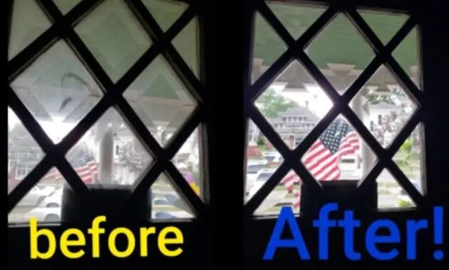 Side-by-side comparison of a window pane showing a blurry view before cleaning and a clear view of an American flag after.