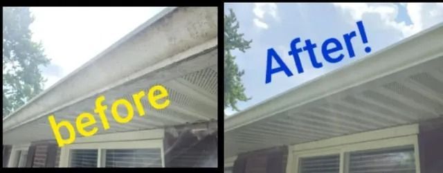 Before and after comparison of house gutters cleaned of grime and discoloration.