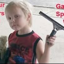 A young person in a red shirt holds a window squeegee in one hand, standing in front of text overlays.