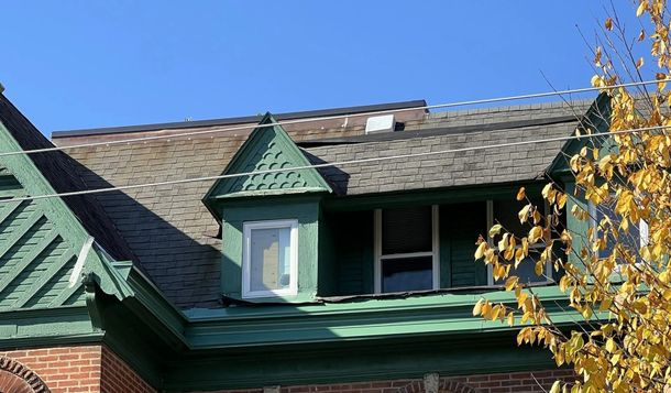 Green dormer window on a shingled roof with autumn tree branches against a blue sky