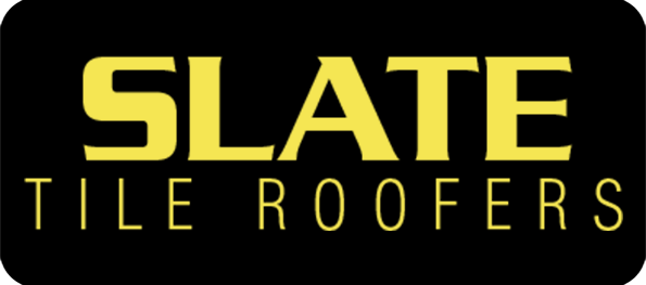 Slate Tile Roofers logo in yellow text on a black background