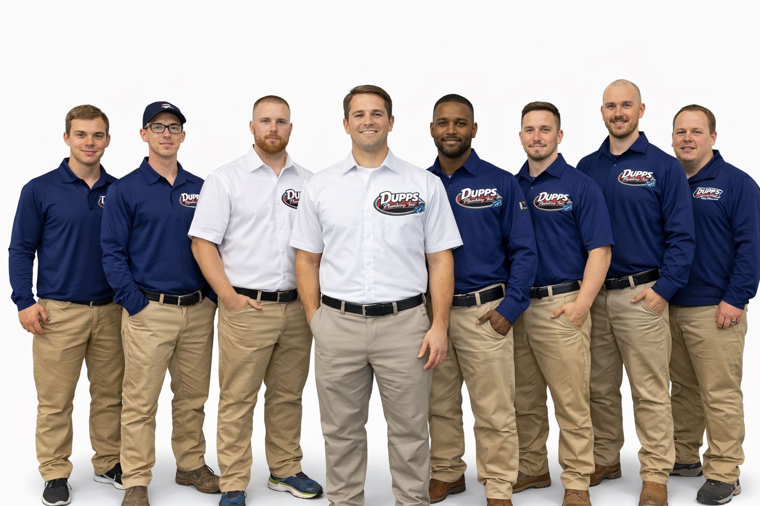 Group of guys in blue jackets and khaki pants, standing in front of a white truck with DUPPS Plumbing on it.