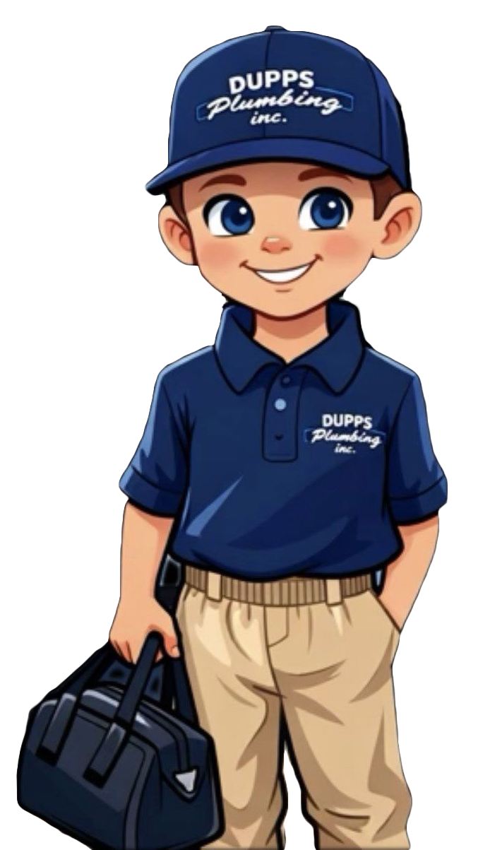 Cartoon plumber in blue uniform and cap with a toolbox; Dupps Plumbing, Inc. logo on the clothing.