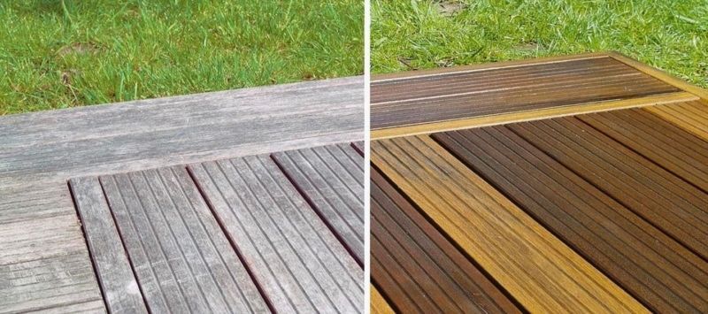 Comparison of weathered wooden deck (left) and stained wooden deck (right).