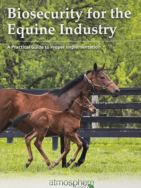 Book cover: Horse and foal in a green field, title Biosecurity for the Equine Industry.