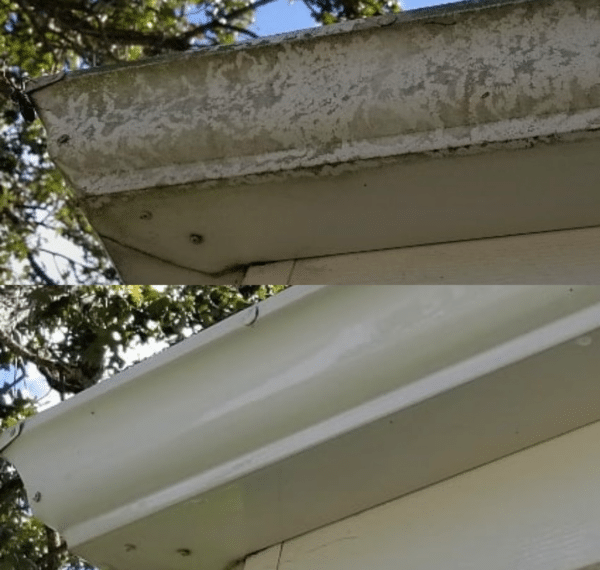 Comparison: dirty and cleaned white gutter. Top shows a stained gutter; bottom shows a clean, white gutter.
