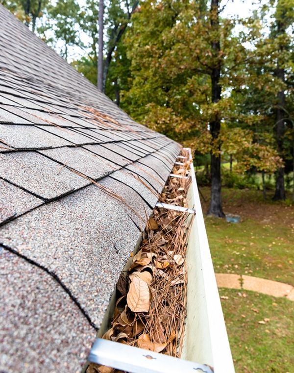 Gutters overflowing with leaves and debris on a shingled roof, trees in the background.