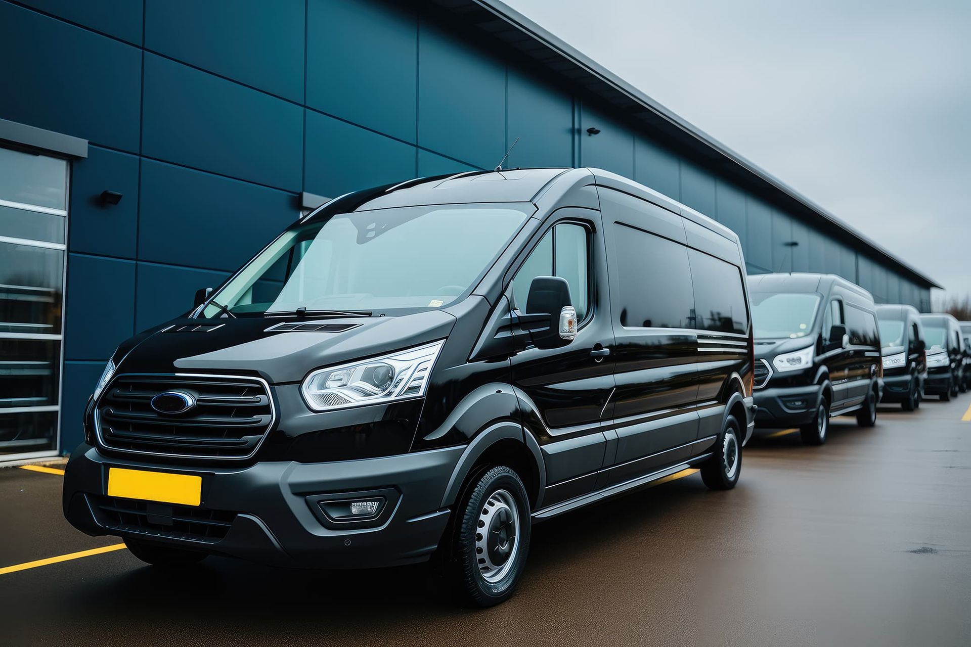 Black vans parked in a line outside a building with a blue exterior.