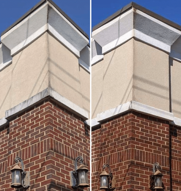 Comparison of a building corner before and after cleaning: brick, tan stucco, and white trim.