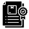 A black icon of a document showing a package symbol and a certification seal with a checkmark.