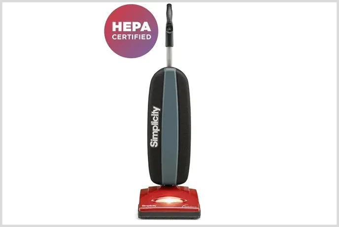 A red and gray Simplicity upright vacuum cleaner with a HEPA Certified badge shown against a white background.