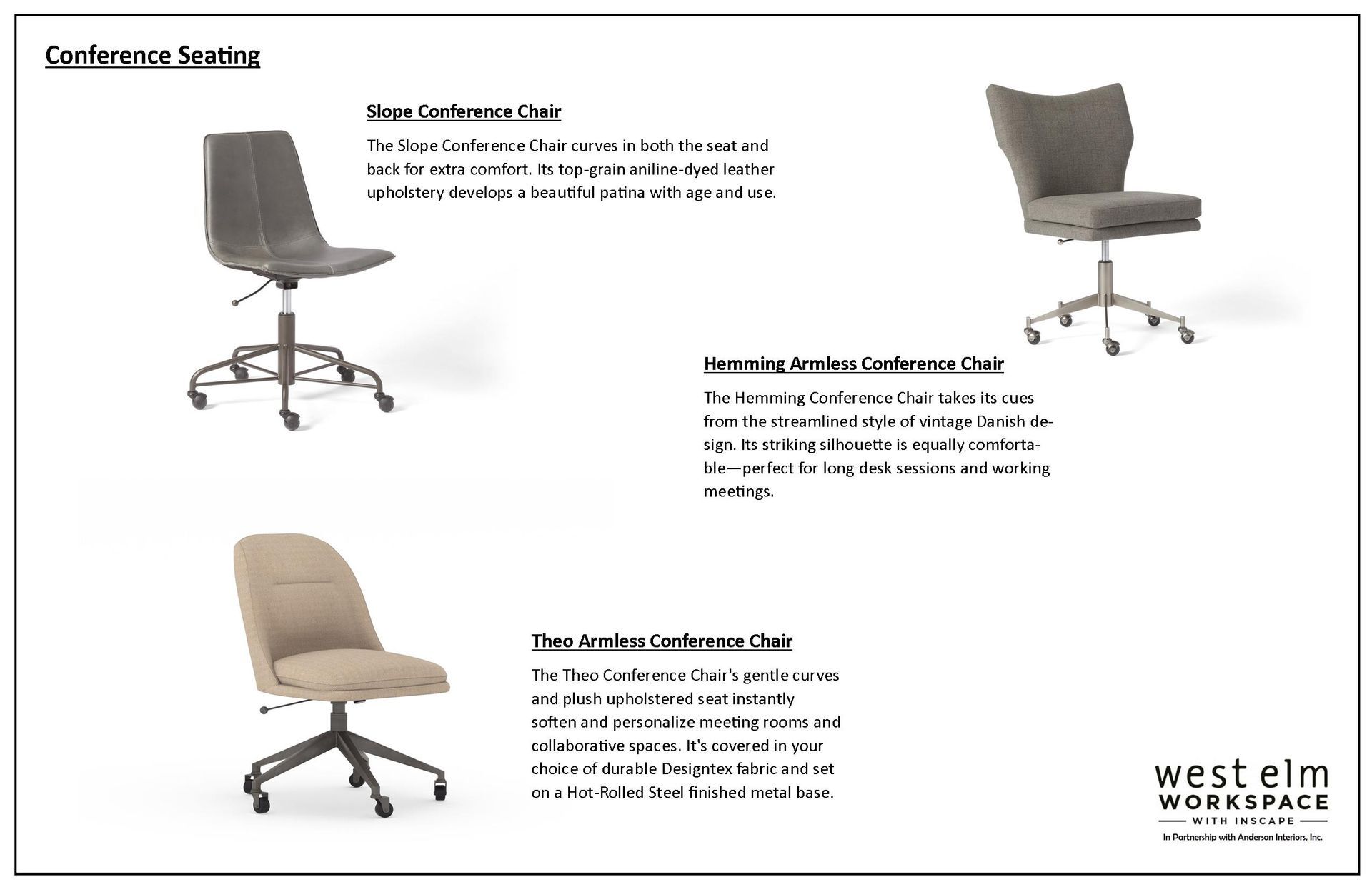 West Elm Workspace conference chairs in gray, beige, and tan, on a white background.