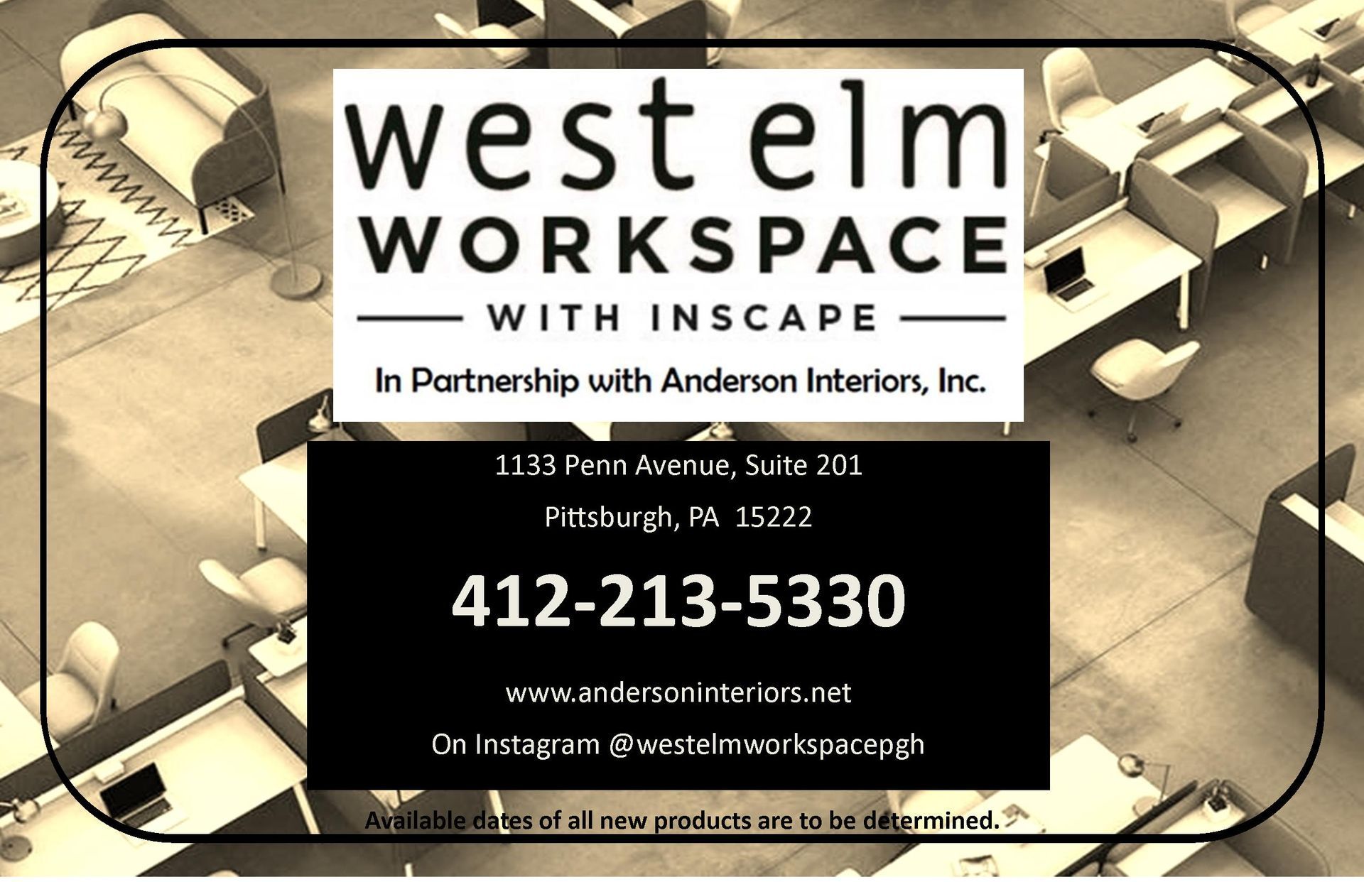 West Elm Workspace business card with contact information and an office interior background.