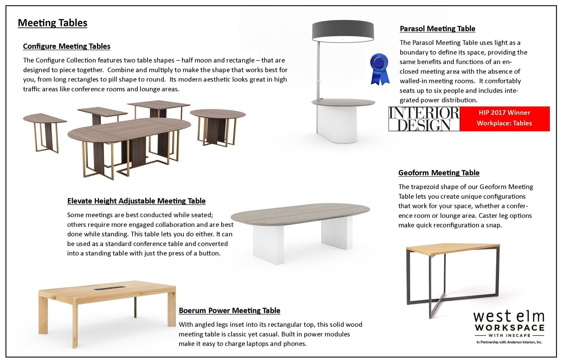 Meeting tables from West Elm, featuring various shapes and styles in neutral tones.