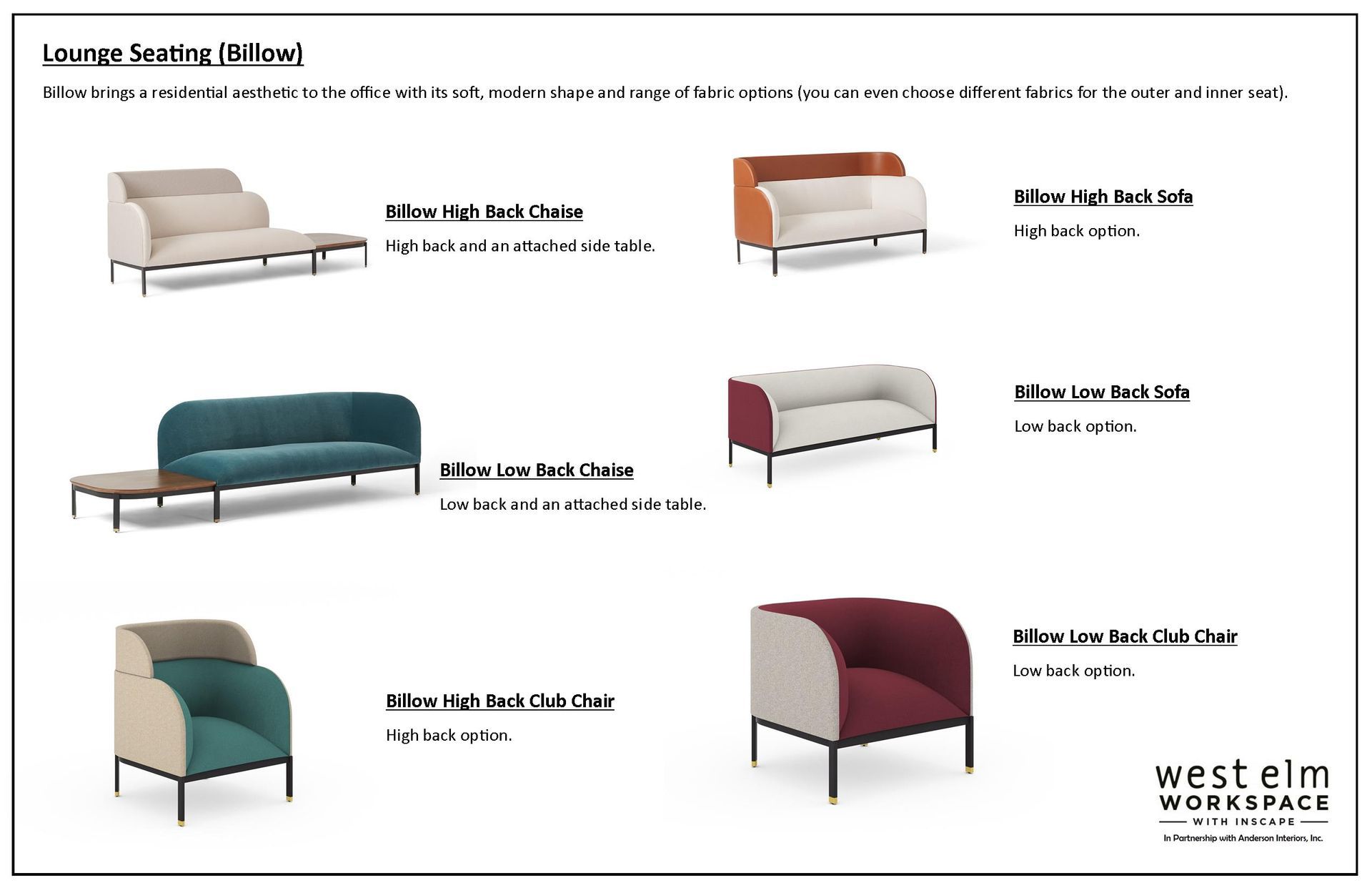 West Elm Workspace furniture options: various sofas and club chairs in different styles and colors.