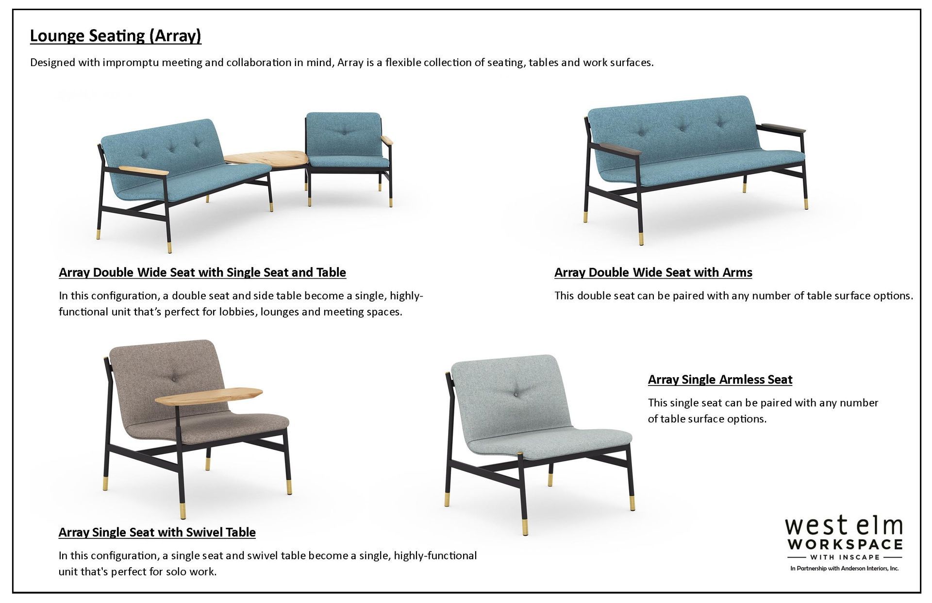 West Elm lounge furniture: blue and tan sofas and chairs with black frames and wooden accents.