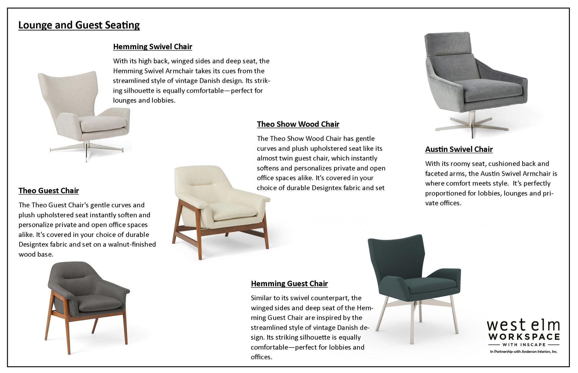 West Elm seating options: six modern armchairs in various colors and styles, displayed with descriptions.