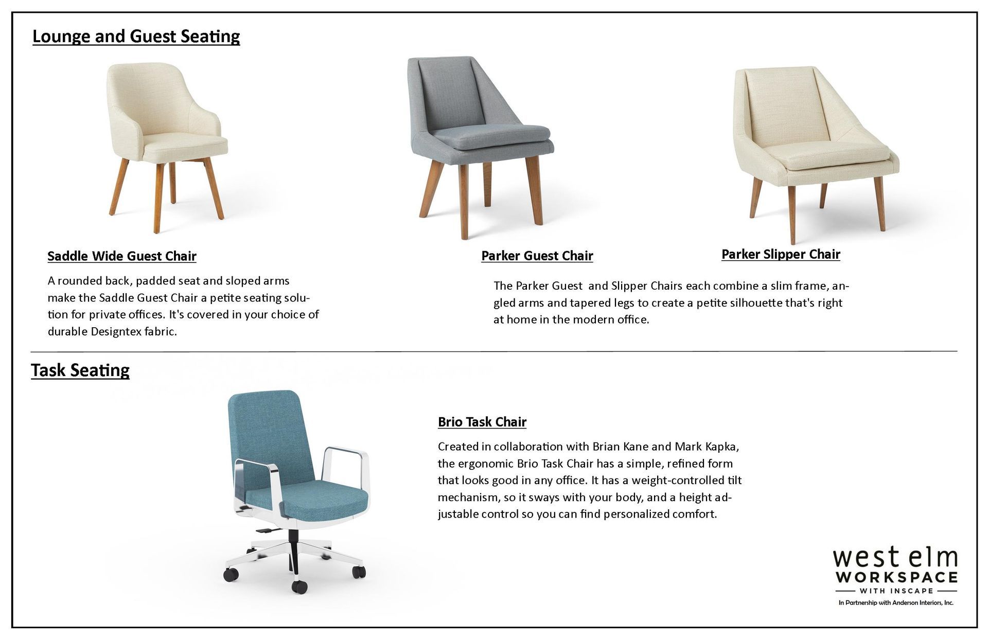 West Elm seating options: armchairs in cream and gray, a chair in cream, and an office chair.