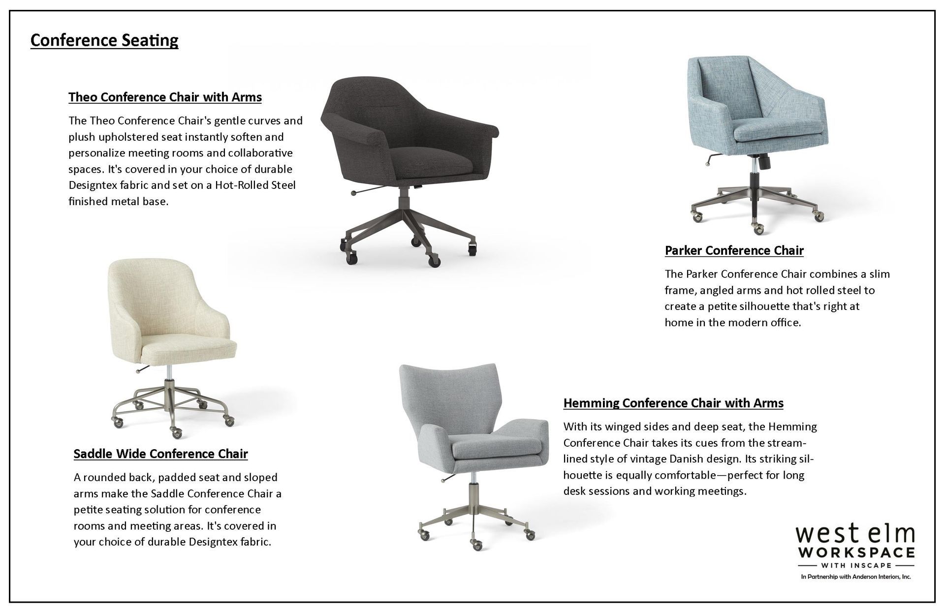 Conference seating options from West Elm Workspace: three swivel chairs in various colors.